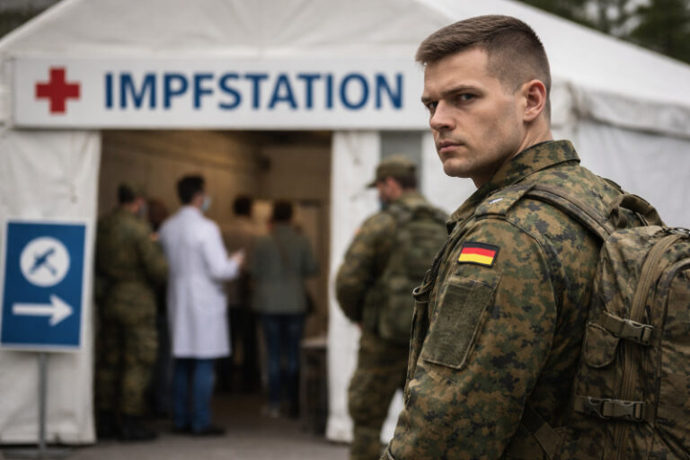 Deutscher Bundeswehrsoldat in Flecktarn-Uniform steht vor einer Impfstation mit Zelt, im Hintergrund medizinisches Personal und wartende Personen, dokumentarischer Stil.