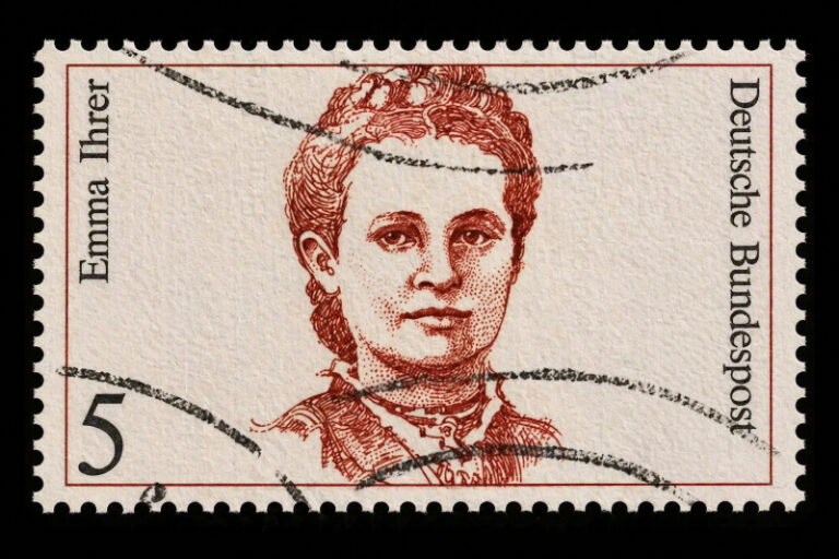 Porträt-Briefmarke von Emma Ihrer im Vintage-Stil mit roter Gravur und Poststempel auf beigem Hintergrund