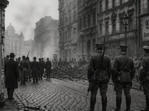 Fememorde: Straßenszene in der Weimarer Republik mit bewaffneten paramilitärischen Gruppen und Menschenmenge während politischer Unruhen