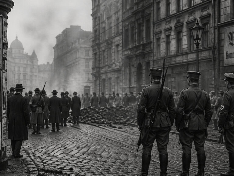 Fememorde: Straßenszene in der Weimarer Republik mit bewaffneten paramilitärischen Gruppen und Menschenmenge während politischer Unruhen