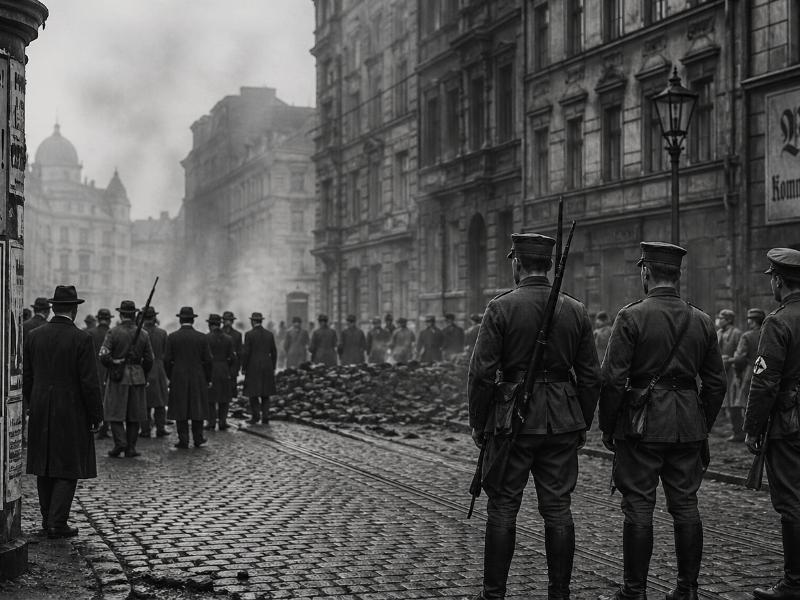 Fememorde: Straßenszene in der Weimarer Republik mit bewaffneten paramilitärischen Gruppen und Menschenmenge während politischer Unruhen