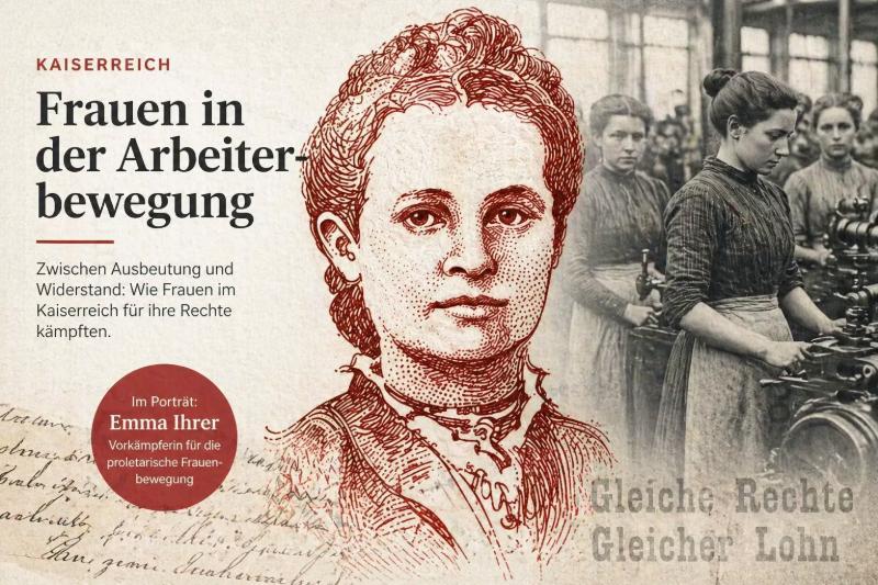 Frauen der Arbeiterbewegung: Emma Ihrer Porträt im Vintage-Stil mit Arbeiterinnen im Hintergrund – Frauenbewegung im Kaiserreich
