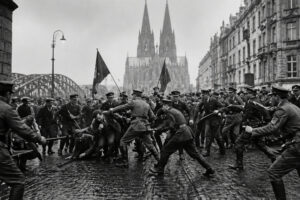 Straßenschlacht zwischen Polizei und Demonstranten in Köln während der Weimarer Republik vor dem Kölner Dom