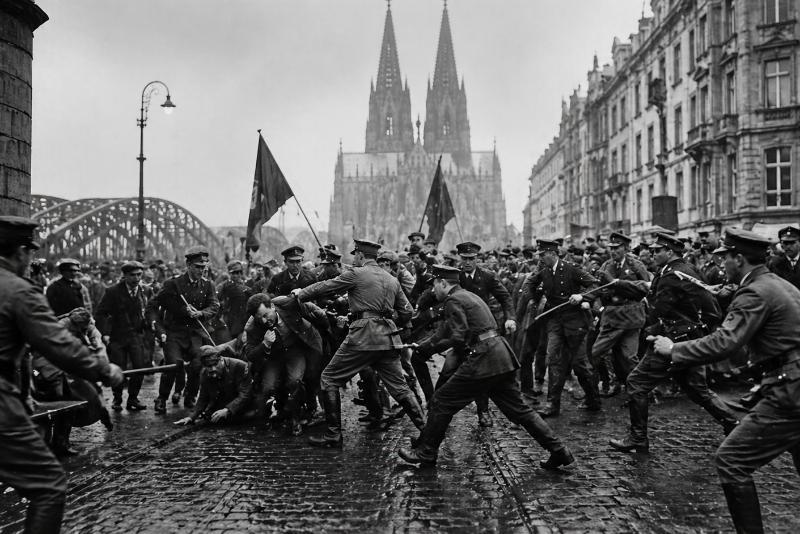 Straßenschlacht zwischen Polizei und Demonstranten in Köln während der Weimarer Republik vor dem Kölner Dom