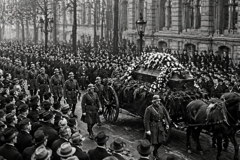 Politische Verfolgung in Deutschland 41 Politische Morde: Trauerzug mit Sarg und Soldaten bei einer staatlichen Beerdigung in der Weimarer Republik, umgeben von großer Menschenmenge