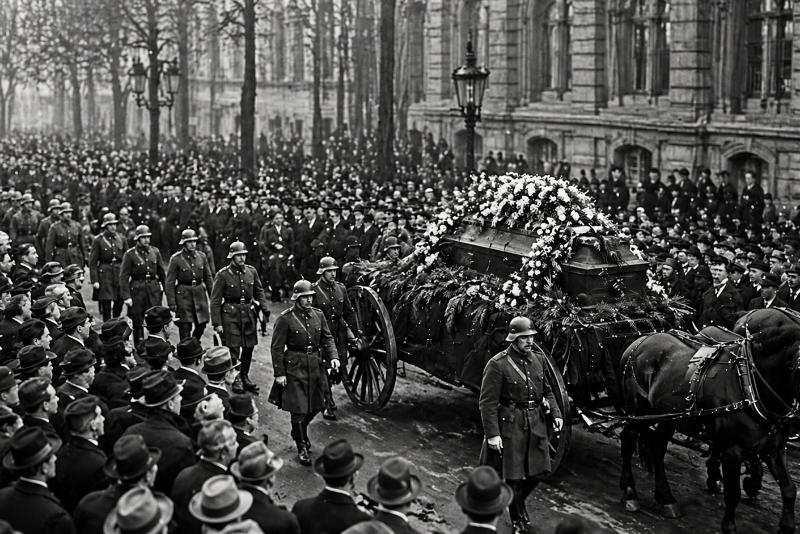 Politische Morde: Trauerzug mit Sarg und Soldaten bei einer staatlichen Beerdigung in der Weimarer Republik, umgeben von großer Menschenmenge