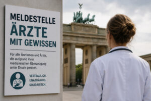 Ärztin vor dem Brandenburger Tor neben einem Schild mit der Aufschrift „Meldestelle Ärzte mit Gewissen“.