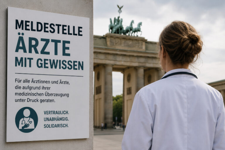 Politische Verfolgung in Deutschland 2 Ärztin vor dem Brandenburger Tor neben einem Schild mit der Aufschrift „Meldestelle Ärzte mit Gewissen“.