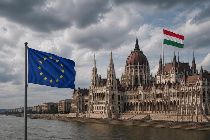 Demokratie, Menschenrechte und andere gefährliche Waffen: EuGH wertet Art. 2 EU-Vertrag (EUV) auf - Ungarn verstößt nun gegen die "Werte" der EU 3 Art. 2 EU-Vertrag:.EU- und Ungarn-Flaggen vor dem ungarischen Parlament in Budapest unter dramatischem Himmel