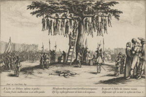 Dreißigjährige Krieg: Der Galgenbaum aus dem 18-teiligen Radierzyklus Die großen Schrecken des Krieges („Les Grandes Misères de la guerre“), nach Jacques Callot (1632). Die Abbildung zeigt die Hinrichtung von „infamen und verlorenen“ Dieben („Voleurs infames et perdus“) sowie vermutlich auch Marodeuren, die um ihr Leben würfeln (in der Abb. rechts des Baums). Die Maßnahme ist kein Willkürakt, sondern erfolgt vor versammelter Truppe (linker u. rechter Bildrand), im Beisein von Geistlichen. Der Akt entspricht dem damaligen Kriegsrecht zur Aufrechterhaltung der militärischen Disziplin