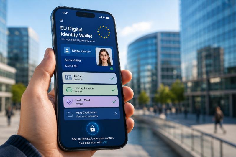 Bürger aus Glas: Das EUDI Wallet und die Architektur der Totalerfassung in Europa 1 EUDI Wallet auf einem Smartphone mit digitalem EU-Identitätsnachweis und sicheren Online-Ausweisen