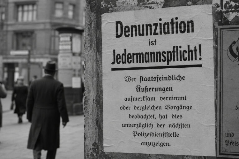 Historisch anmutendes Schwarzweißbild mit einem Plakat „Denunziation ist Jedermannspflicht!“ an einer Häuserwand in einer deutschen Straßenszene.
