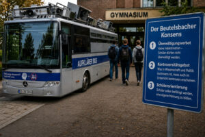 „Adenauer SRP+“ vor einem Gymnasium mit Informationstafel zum Beutelsbacher Konsens