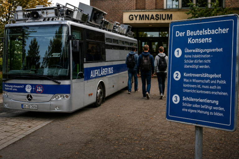 Politische Verfolgung in Deutschland 1 „Adenauer SRP+“ vor einem Gymnasium mit Informationstafel zum Beutelsbacher Konsens