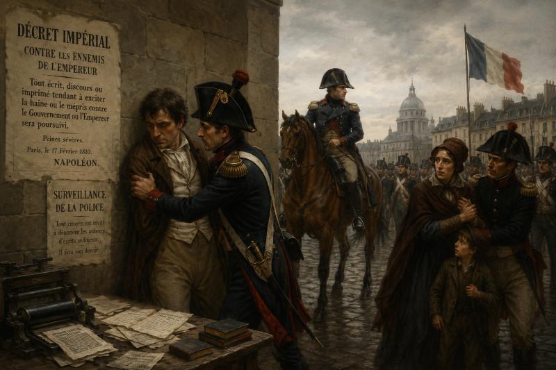 Zwischen Code Civil und Geheimpolizei: Die systematische Repression der Franzosenzeit 2 Napoleonische Repression in der Franzosenzeit: Französische Soldaten verhaften einen Bürger unter den Augen der Bevölkerung in einer europäischen Stadt des frühen 19. Jahrhunderts