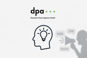dpa-Logo und Prebunking-Konzeptgrafik mit stilisiertem Kopf, Glühbirne und symbolischer Darstellung von Faktenprüfung und Informationssteuerung