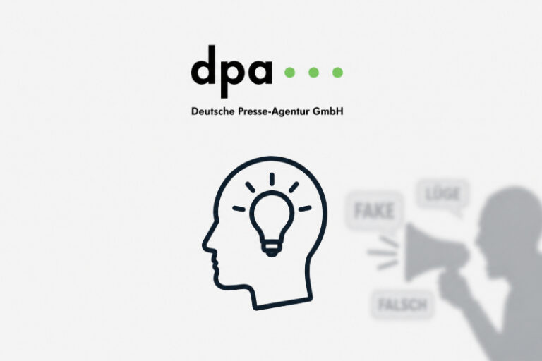 Politische Verfolgung in Deutschland 1 dpa-Logo und Prebunking-Konzeptgrafik mit stilisiertem Kopf, Glühbirne und symbolischer Darstellung von Faktenprüfung und Informationssteuerung