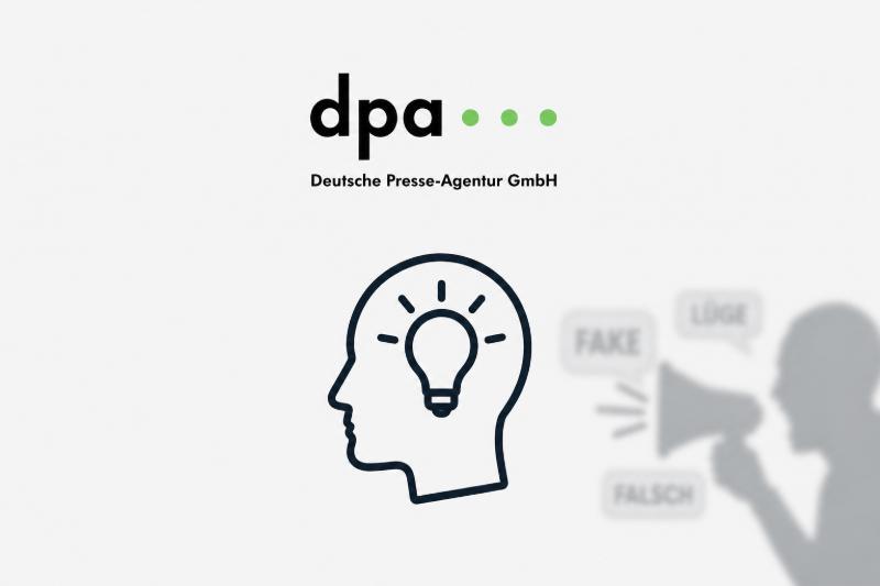"Demokratie-Impfung" durch Prebunking-Initiative der dpa - Warum die Deutsche Presse-Agentur vor den Landtagswahlen ein Handbuch zur Vorbeugung gegen Wahlkritik veröffentlicht 1 dpa-Logo und Prebunking-Konzeptgrafik mit stilisiertem Kopf, Glühbirne und symbolischer Darstellung von Faktenprüfung und Informationssteuerung