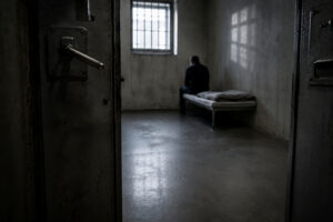Politische Verfolgung in Deutschland 15 Untersuchungshaft: Eine leere Untersuchungshaftzelle mit Gerichtsakten und Handschellen symbolisiert die Debatte über die Nutzung von U-Haft als Druckmittel im Strafverfahren.