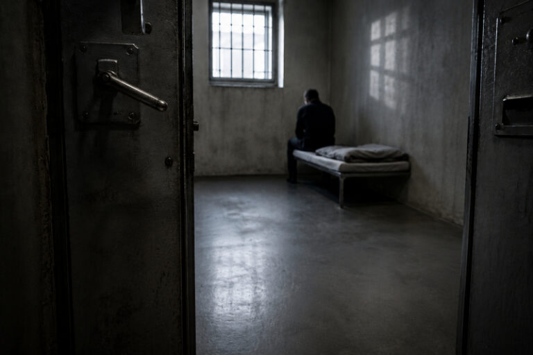Politische Verfolgung in Deutschland 1 Untersuchungshaft: Eine leere Untersuchungshaftzelle mit Gerichtsakten und Handschellen symbolisiert die Debatte über die Nutzung von U-Haft als Druckmittel im Strafverfahren.