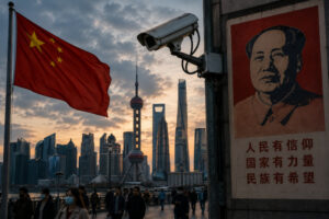 Städtische Skyline Chinas mit Sicherheitskameras als Symbol für politische Kontrolle, Überwachung und die internationale Debatte über Menschenrechte.