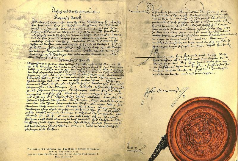 Der Augsburger Religionsfrieden (1555): Legalisierte Repression und die Entstehung der staatlichen Gesinnungskontrolle 1 Detail der Vertragsurkunde über den Augsburger Religionsfrieden mit der Unterschrift und dem Siegel Kaiser Ferdinands I.
