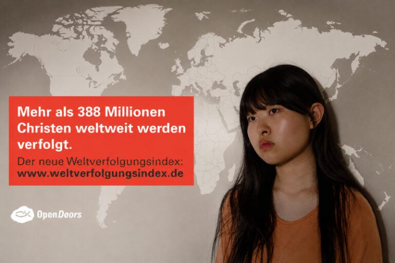 Grafik von OpenDoors über die Christenverfolgung mit der Aufschrift "Mehr als 388 Mio. Christen werden weltweit verfolgt"