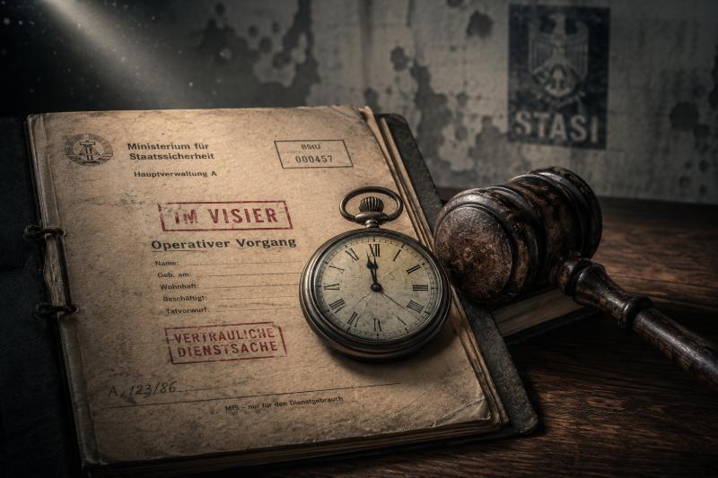 3. Oktober 2000: Der Tag der Rechtsfrieden-Fiktion — Wie der Rechtsstaat die Aufarbeitung von DDR-Unrecht verjähren ließ 1 DDR-Unrecht Verjährung: Stasi-Akte mit Taschenuhr und Richterhammer auf einem dunklen Holztisch