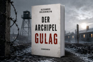 Das Buchcover von Alexander Solschenizyns "Der Archipel Gulag" vor dem Hintergrund eines sowjetischen Gulag-Lagers mit Wachturm und Stacheldraht