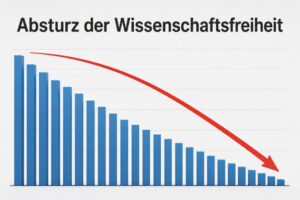Absturz der Wissenschaftsfreiheit in Deutschland – grafische Darstellung eines starken Rückgangs mit abwärts gerichteter roter Pfeilkurve und sinkenden Balken.