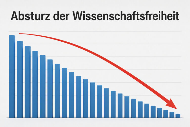 Politische Verfolgung in Deutschland 1 Absturz der Wissenschaftsfreiheit in Deutschland – grafische Darstellung eines starken Rückgangs mit abwärts gerichteter roter Pfeilkurve und sinkenden Balken.