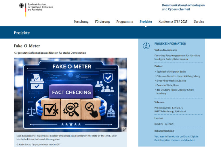 Screenshot von der Fake-O-Meter Projektseite des Bundesministerium für Forschung, Technologie und Raumfahrt