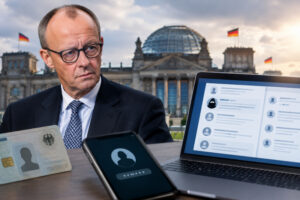 Friedrich Merz vor dem Reichstag mit Laptop und Smartphone zum Thema Meinungsfreiheit und digitale Identität