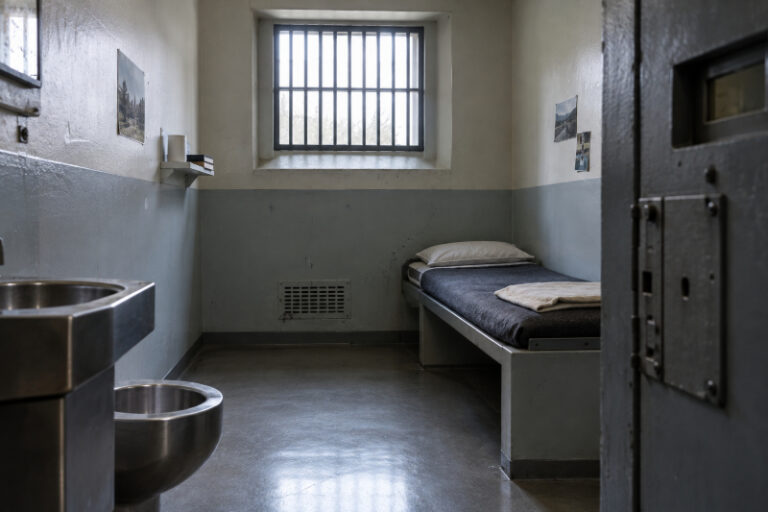 Deutsche Gefängniszelle mit vergittertem Fenster, Metallbett und schwerer Stahltür