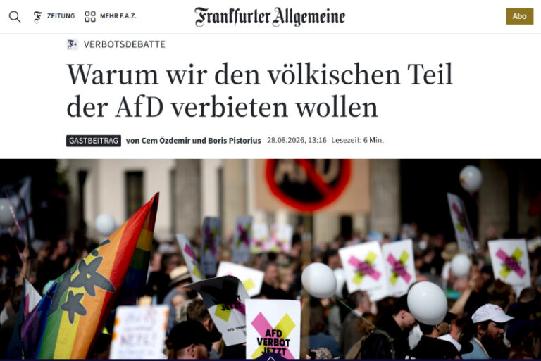 Screenshot von FAZ.net: Warum wir den völkischen Teil der AfD verbieten wollen, Gastbeitrag von Cem Özdemir und Boris Pistorius