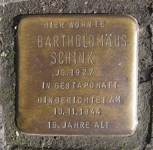 Barthel Schink: Die Hinrichtung der Jugend – Widerstand und Repression in Köln-Ehrenfeld 1 Zur Erinnerung an Barthel Schink in Köln-Ehrenfeld, Keplerstraße 33, verlegter Stolperstein