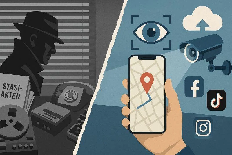 Stasi-Methoden heute 1 Illustration zum Vergleich der Stasi-Methoden in der DDR mit moderner digitaler Überwachung durch Smartphones, Kameras und soziale Medien