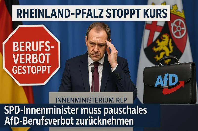 Rheinland-Pfalz stoppt AfD-Berufsverbot 1 SPD-Innenminister von Rheinland-Pfalz zieht pauschales AfD-Berufsverbot zurück – Pressekonferenz mit Stopp-Schild „Berufsverbot gestoppt“ und Landesflagge im Hintergrund