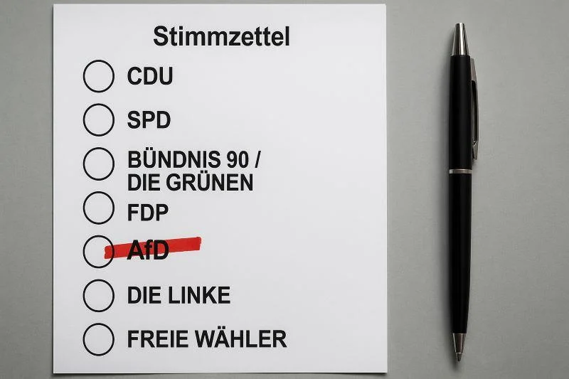 Fotorealistischer deutscher Stimmzettel mit CDU, SPD, Grünen, FDP, Linke und rot durchgestrichener AfD