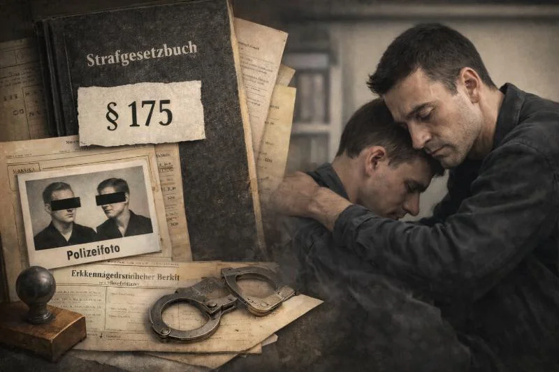 Strafgesetzbuch mit §175, Polizeiunterlagen und Handschellen neben einer Szene zweier Männer in Umarmung – Darstellung staatlicher Repression und der Verfolgung Homosexueller in Westdeutschland