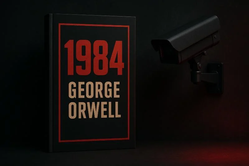 Rezension: "1984" von George Orwell – Die Anatomie der totalitären Verfolgung 1 Artikelbild zu „1984“ von George Orwell mit Überwachungskamera, Symbol für totalitäre Überwachung