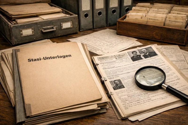 Stasi Akten einsehen: Archivaufnahme von DDR-Stasi-Unterlagen mit Akten, Karteikarten und Dokumenten zur Recherche politischer Verfolgung in der DDR