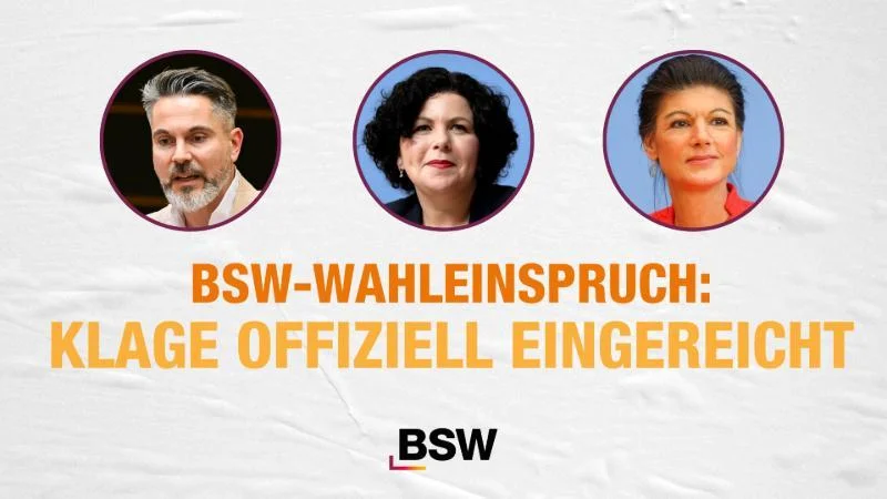 18. Februar 2026: BSW-Wahleinspruch - Klage offiziell eingereicht Das BSW hat die Klage vor dem Bundesverfassungsgericht in Karlsruhe offiziell eingereicht. Unsere Parteivorsitzenden Fabio De Masi und Amira Mohamed Ali sowie BSW-Gründerin Sahra Wagenknecht begründen die Forderung auf eine Neuauszählung der Bundestagswahl.
