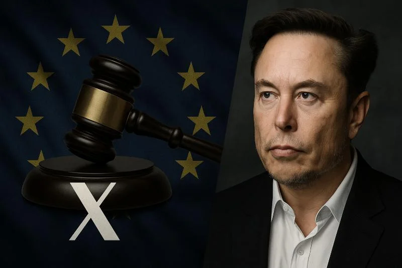EU Slams X (Elon Musk) with €120M Fine – Sharp US Criticism 1 EU imposes penalty on Elon Musk's Platform X under the Digital Services Act (DSA) – symbolic image with EU flag and judicial hammer