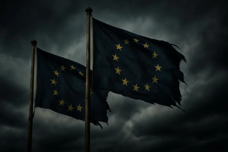 Red Alert for Fundamental Rights: EU Sanctions Against Own Citizens – Political Persecution Instead of Rule of Law? 1 Ein dystopisches Bild mit zerrissenen EU-Fahnen warnt vor politischer Verfolgung.