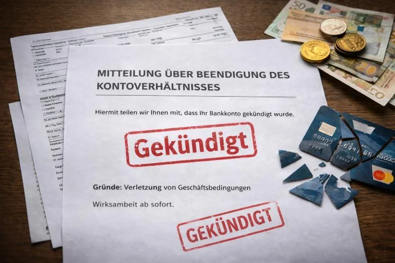 Kündigungsschreiben einer Bank mit rotem Stempel „Konto gekündigt“, zerschnittene Bankkarte und Euro-Geld als Symbol für Debanking und Existenzbedrohung.