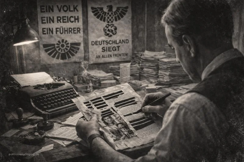 Redakteur zensiert ein Manuskript in einem Pressebüro der 1930er Jahre, mit Schreibmaschine und Propagandaplakaten im Hintergrund.