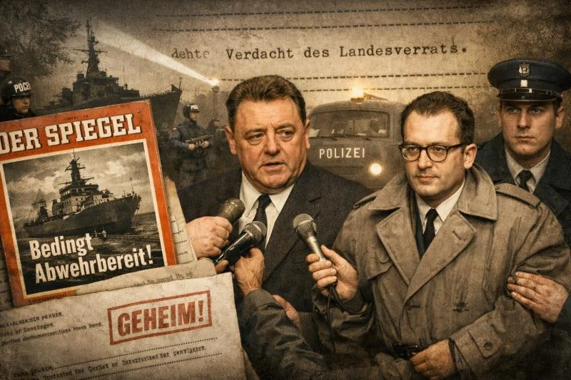 Spiegel-Affäre 1962 in der Bonner Republik: Symbolbild mit „Der Spiegel“, Polizei und Journalisten zum Thema politische Verfolgung und Pressefreiheit.