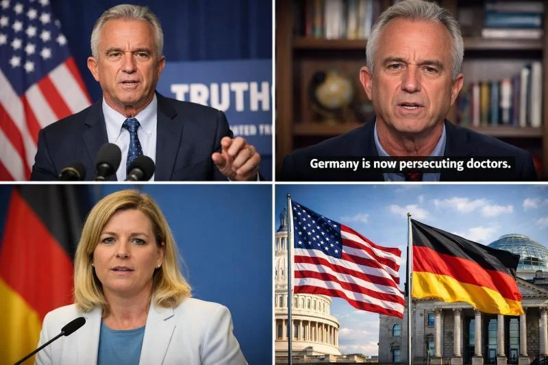 „Angriff auf die ärztliche Freiheit“: Der Gesundheitsminister der USA Kennedy Jr. wirft Deutschland politische Verfolgung von Ärzten vor 1 Robert F. Kennedy Jr. bei einer Pressekonferenz, Screenshot/Still aus seinem Video auf X, Nina Warken auf einem offiziellen Statement, Symbolbild für transatlantische politische Debatten