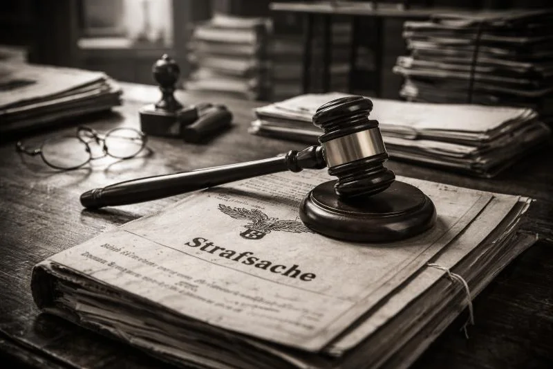 Richterhammer auf einer alten Strafakte in einem Büro der 1950er Jahre, umgeben von gestapelten Justizdokumenten – symbolisches Bild für die bundesdeutsche Justiz und die Aufarbeitung der NS-Vergangenheit.